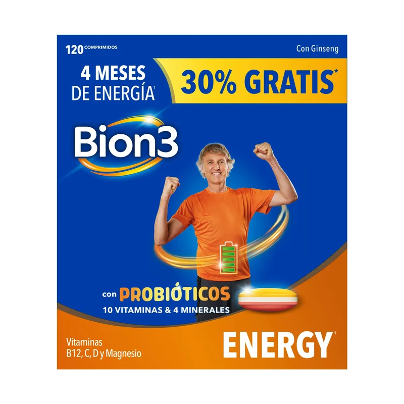 Bion3 Energy Comprimidos Multivitamínicos con Probióticos, Vitamina B12, C y Magnesio