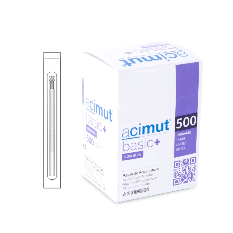Aguja de Acupuntura Tipo chino con mango de plata con cabeza y guía (Acimut Basic+) 500 unidades