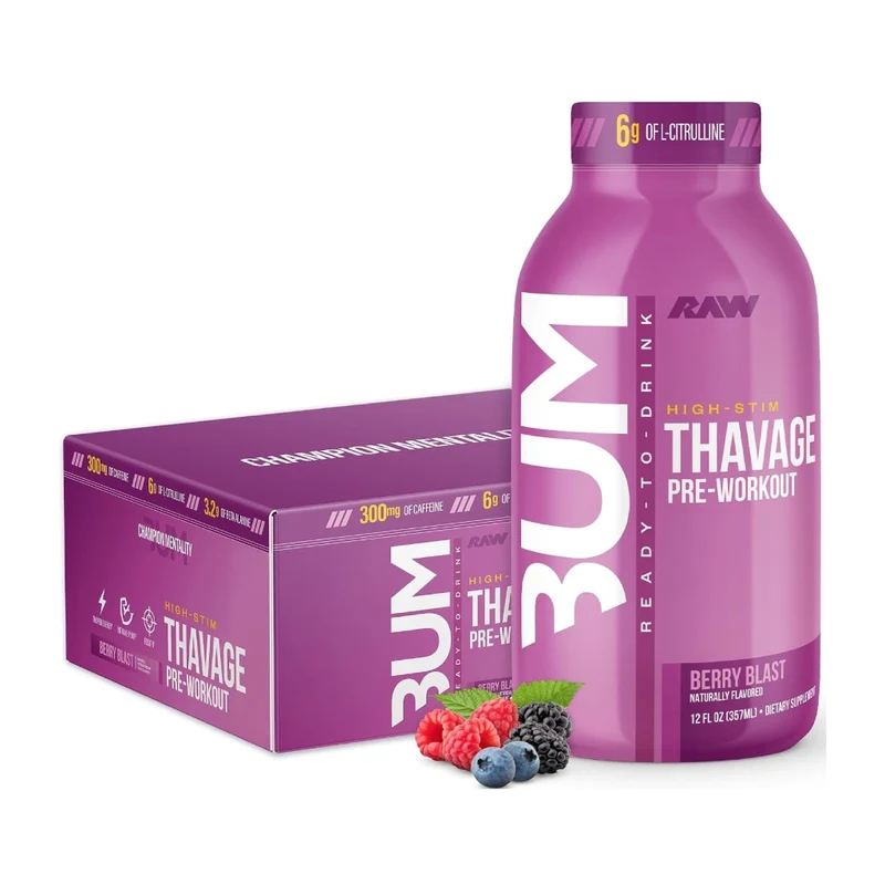 RAW Nutrition Suplemento Deportivo Bebida Pre-Working Bum Thavage 357 ml, 12 Unidades