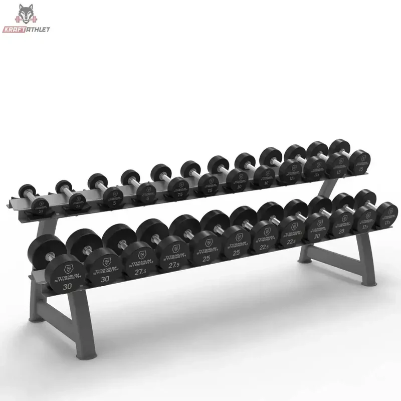 Titanium Strength Set aus runden Pro-PU-Hanteln 2,5–30 kg + Rack Titanium Strength